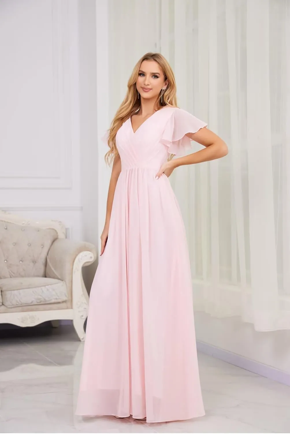 Chiffon Bridesmaid Dress V Neck Flutter Sleeves Formal Dresses Maxi Evening Gowns for Women