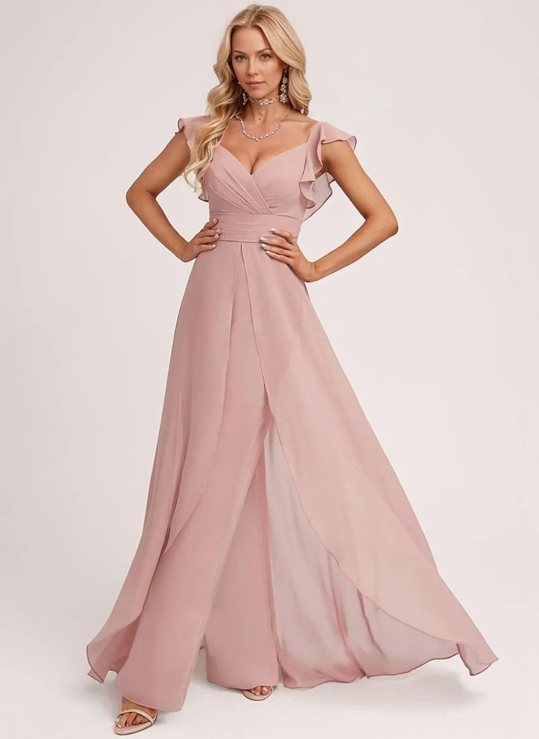 Chiffon Bridesmaid Jumpsuit for Women V Neck Elegant Wedding Guest Jumpsuit Pleated Formal Outfit