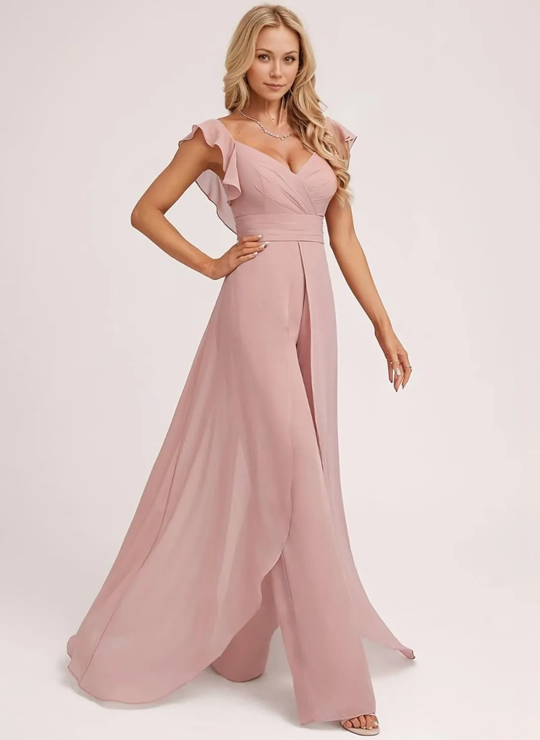 Chiffon Bridesmaid Jumpsuit for Women V Neck Elegant Wedding Guest Jumpsuit Pleated Formal Outfit