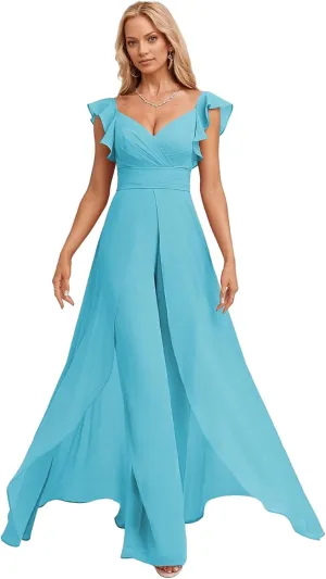 Chiffon Bridesmaid Jumpsuit for Women V Neck Elegant Wedding Guest Jumpsuit Pleated Formal Outfit