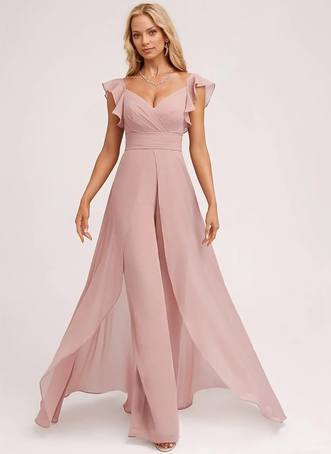 Chiffon Bridesmaid Jumpsuit for Women V Neck Elegant Wedding Guest Jumpsuit Pleated Formal Outfit