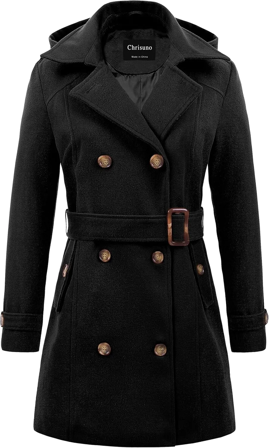 Chrisuno Women's Double Breasted Pea Coat Hooded Long Winter Trench Coat