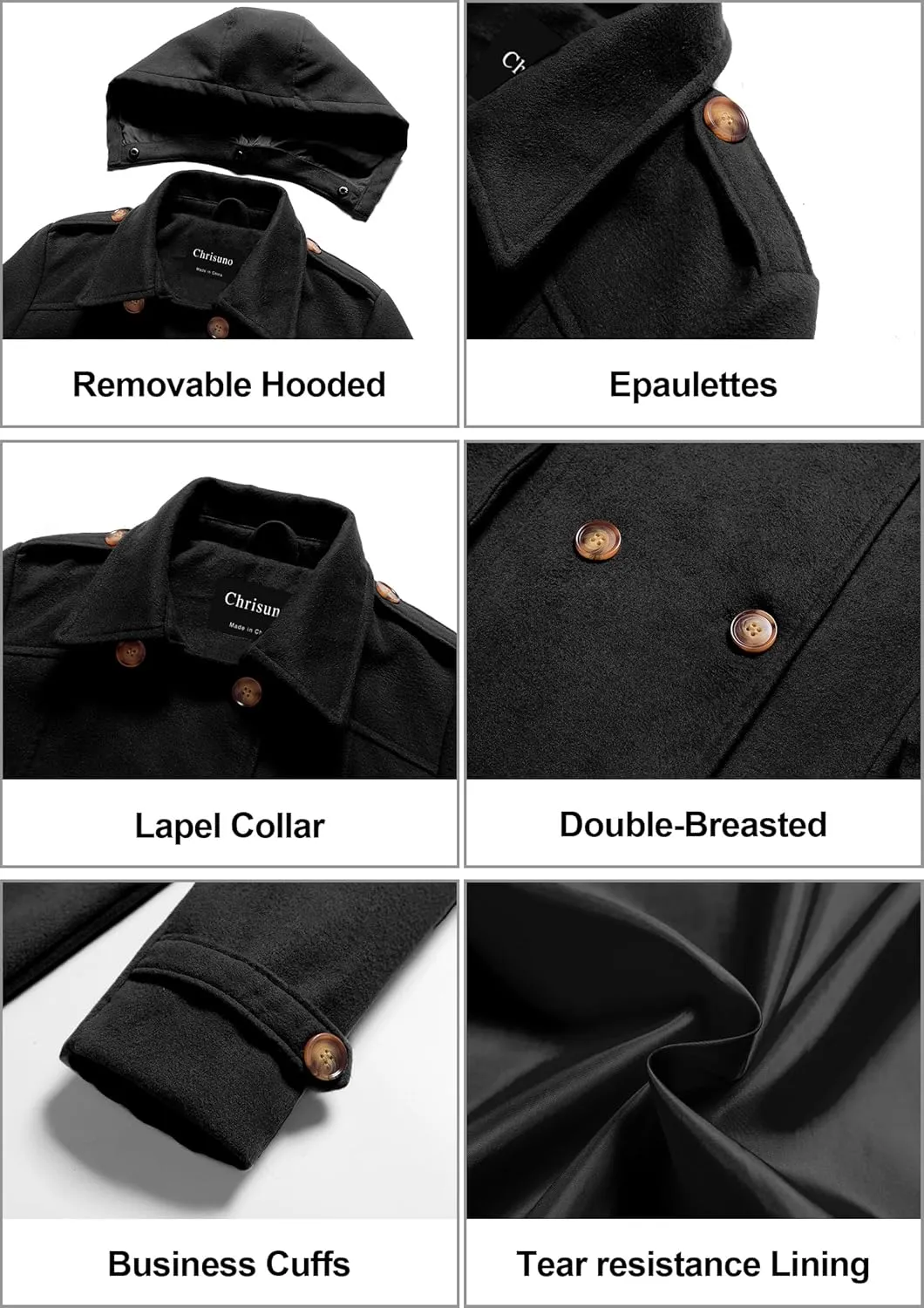 Chrisuno Women's Double Breasted Pea Coat Hooded Long Winter Trench Coat