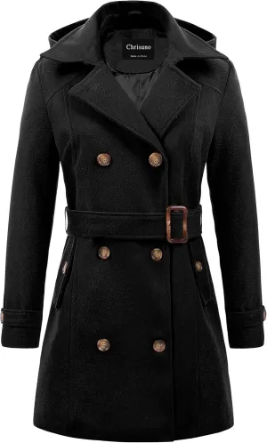 Chrisuno Women's Double Breasted Pea Coat Hooded Long Winter Trench Coat