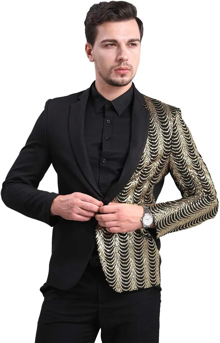 Cloudstyle Mens Stylish Dinner Tux Dress Blazer Slim Fit Gold Sequin Suit Jacket Sport Coat