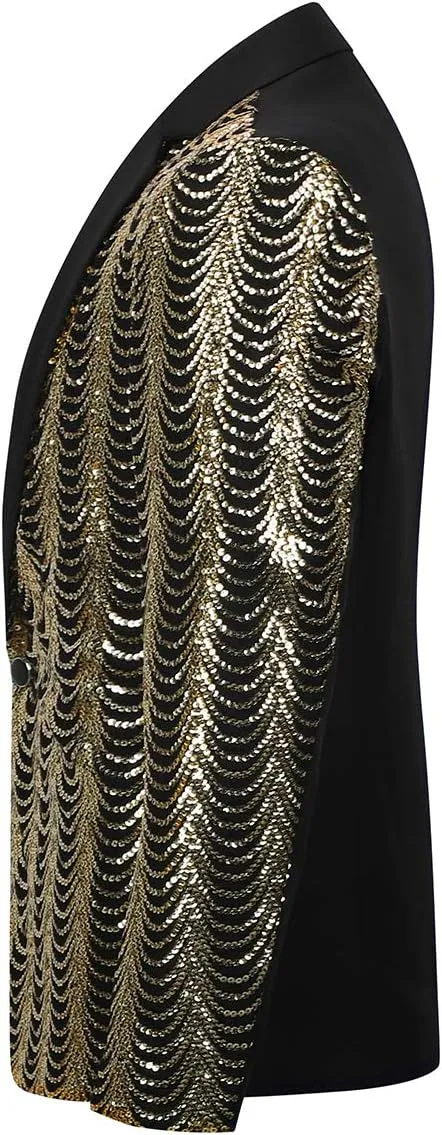 Cloudstyle Mens Stylish Dinner Tux Dress Blazer Slim Fit Gold Sequin Suit Jacket Sport Coat
