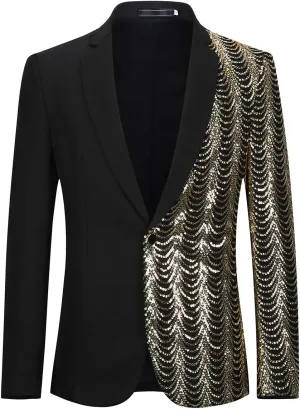 Cloudstyle Mens Stylish Dinner Tux Dress Blazer Slim Fit Gold Sequin Suit Jacket Sport Coat