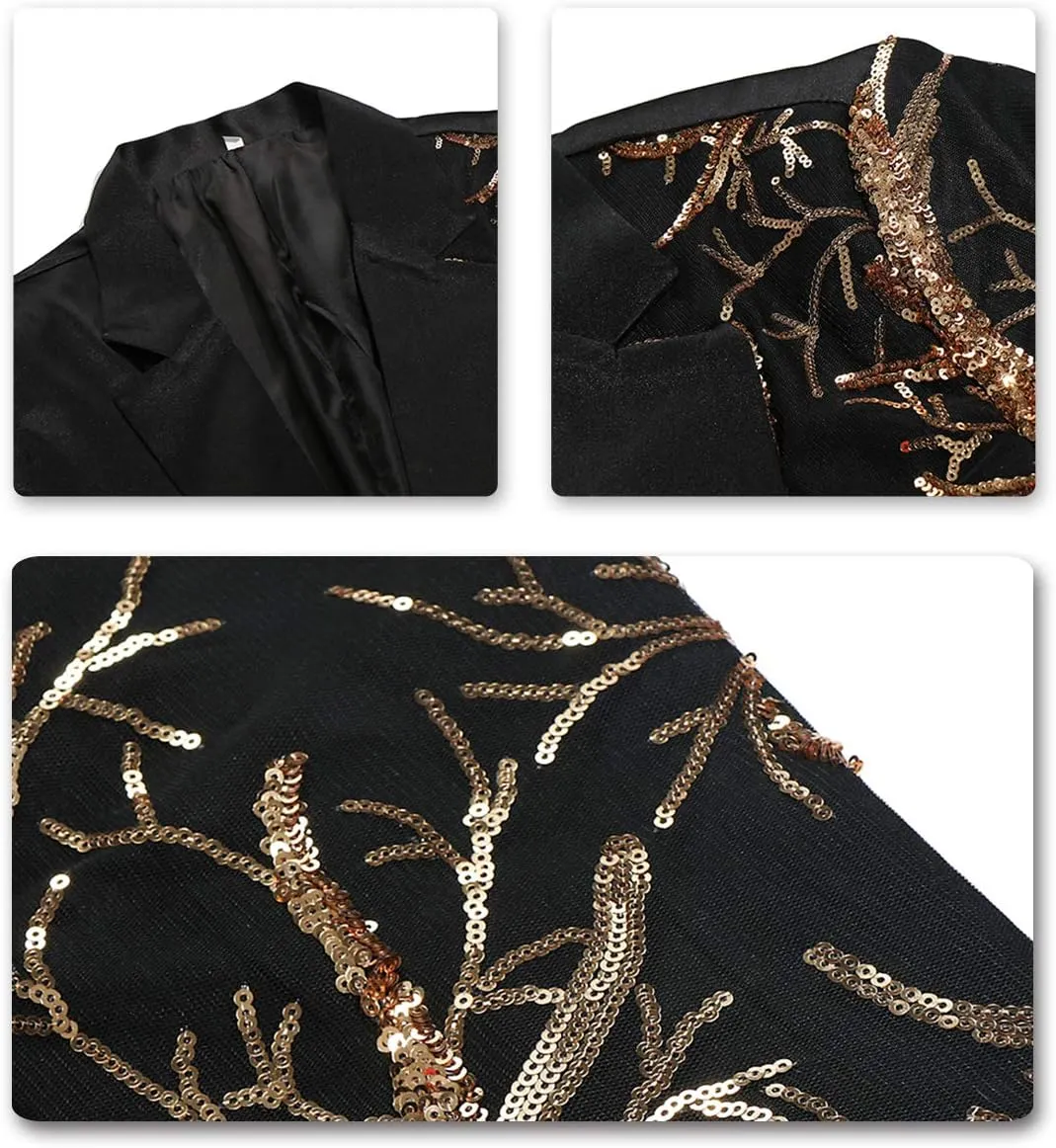 Cloudstyle Mens Stylish Dinner Tux Dress Blazer Slim Fit Gold Sequin Suit Jacket Sport Coat