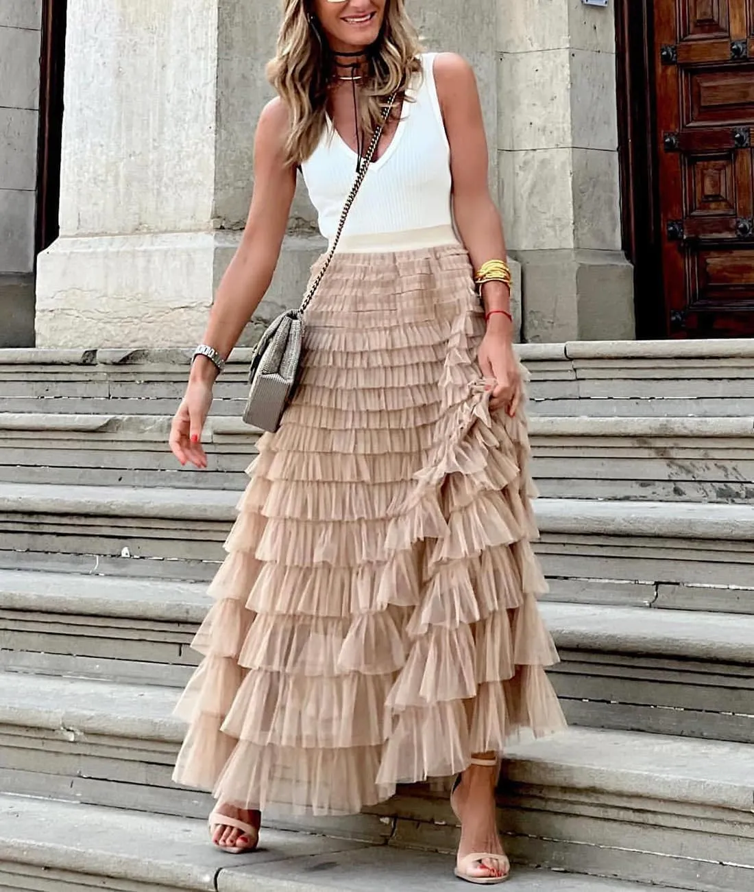Comfy Stylish Women's Tiered Tulle Maxi Skirt - Sheer Mesh Aline Flared Elastic Waist Long Skirt - Party Wear