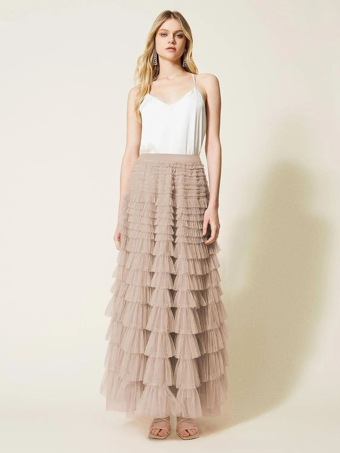Comfy Stylish Women's Tiered Tulle Maxi Skirt - Sheer Mesh Aline Flared Elastic Waist Long Skirt - Party Wear