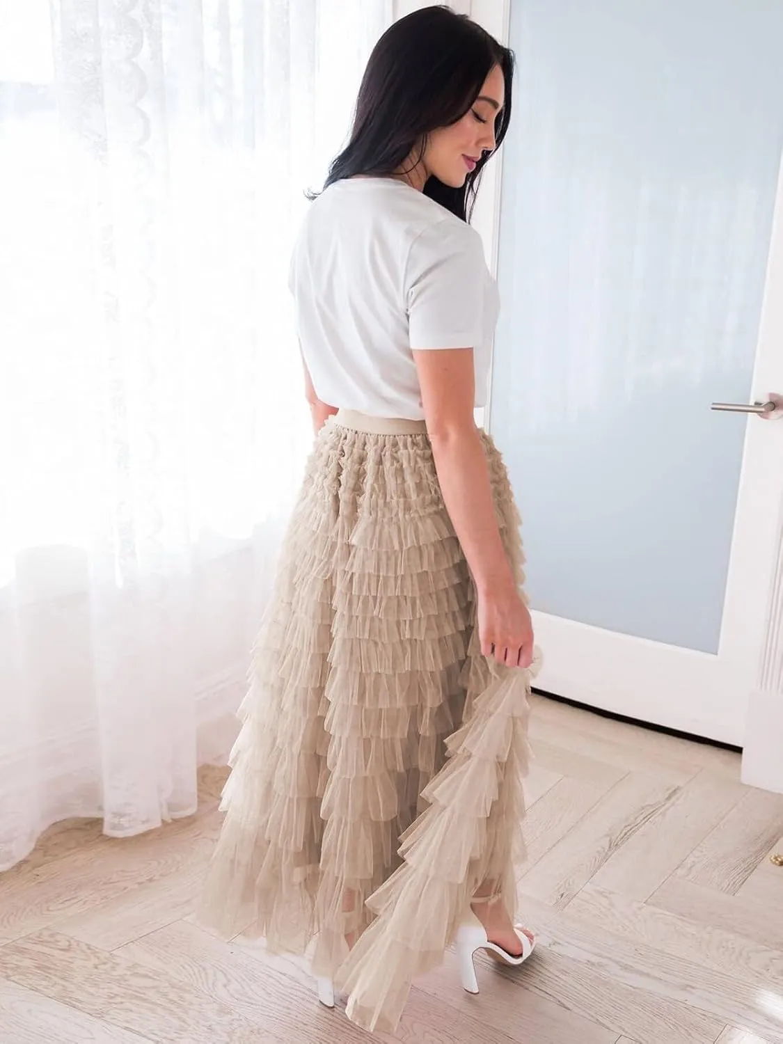Comfy Stylish Women's Tiered Tulle Maxi Skirt - Sheer Mesh Aline Flared Elastic Waist Long Skirt - Party Wear