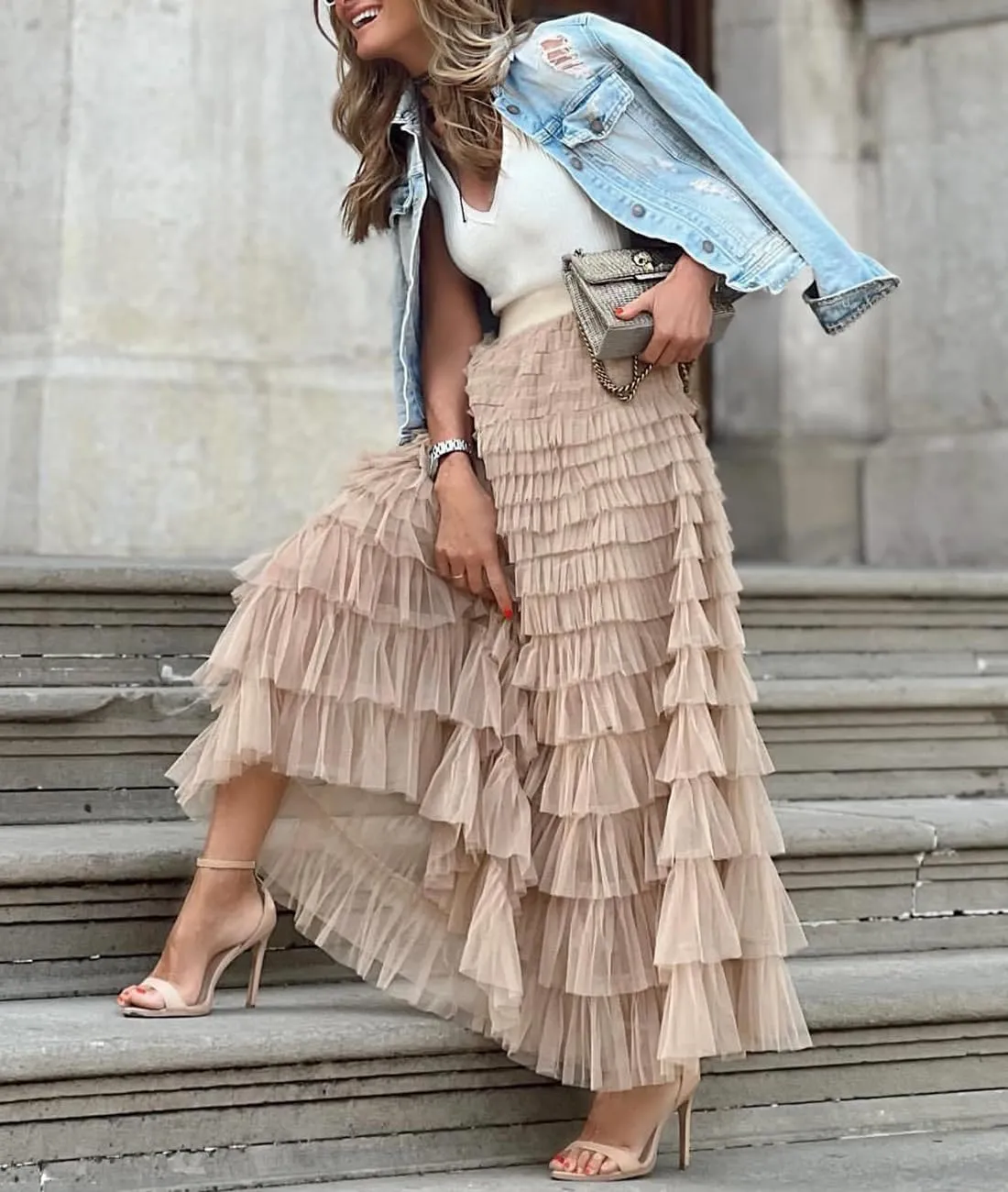 Comfy Stylish Women's Tiered Tulle Maxi Skirt - Sheer Mesh Aline Flared Elastic Waist Long Skirt - Party Wear