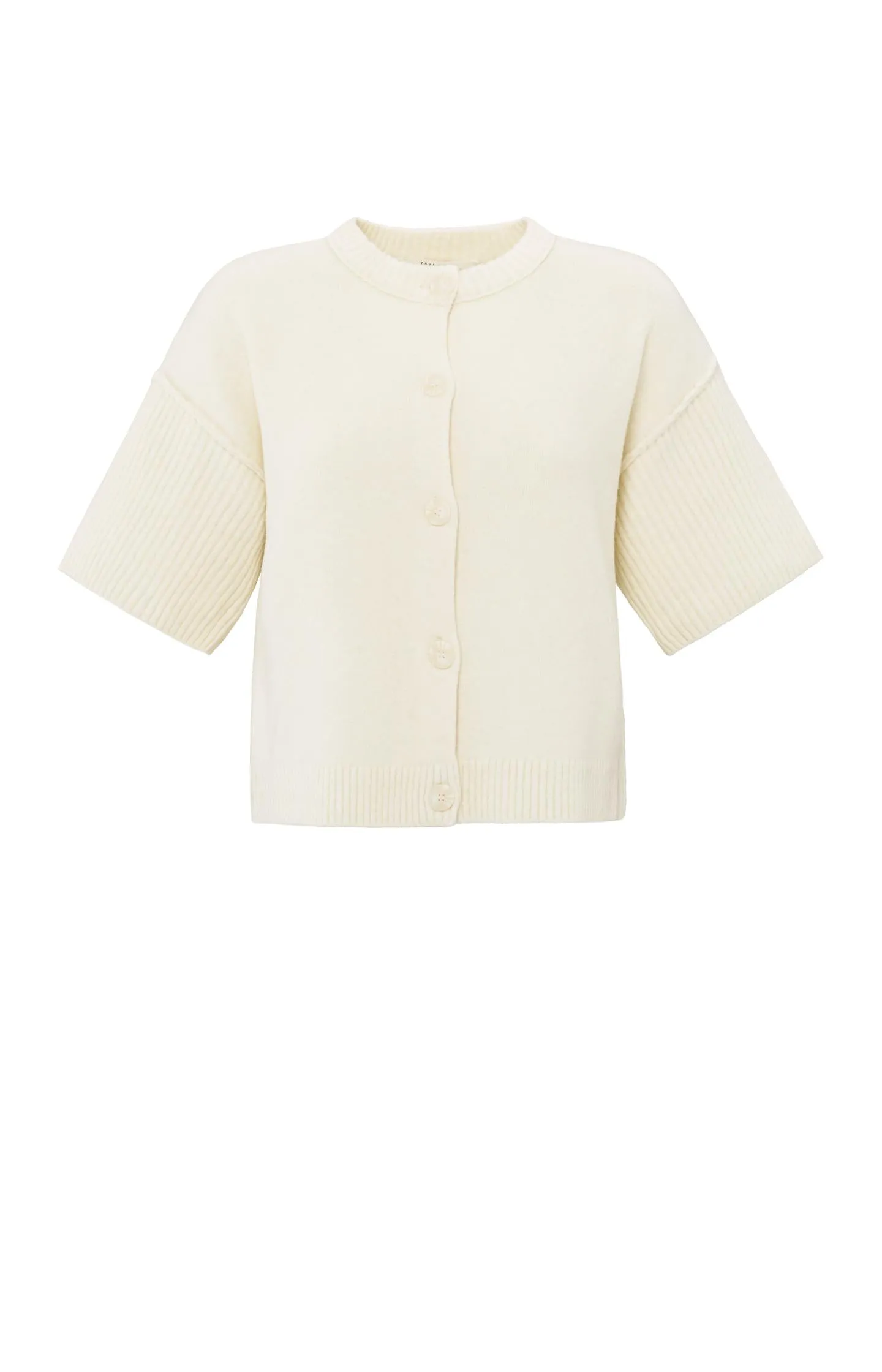 Cream-colored cardigan with short wide sleeves and round neck