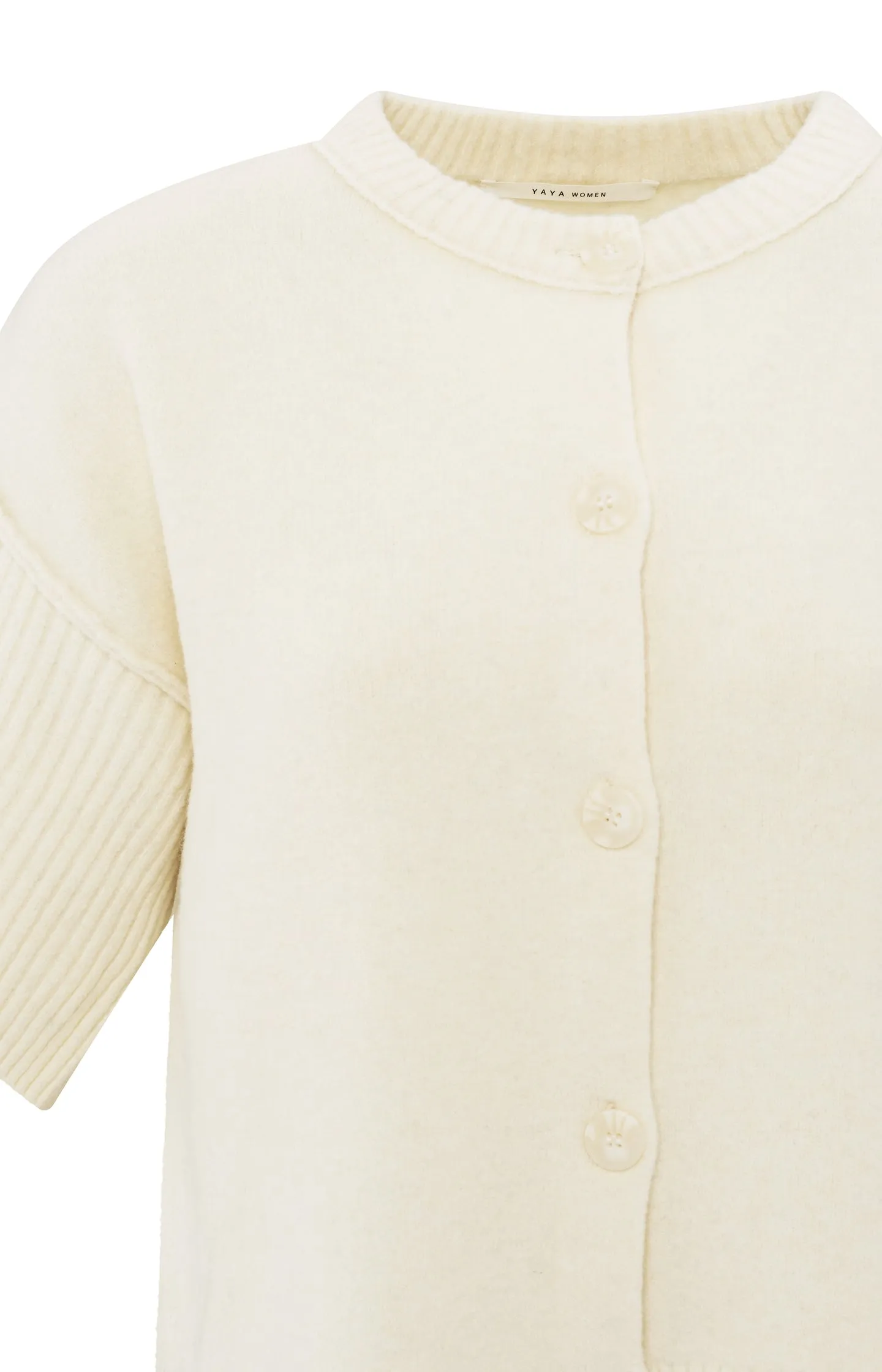Cream-colored cardigan with short wide sleeves and round neck