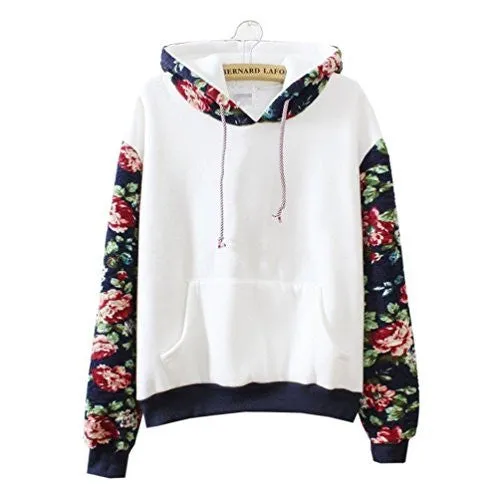 Cute Hoodies Sweater Pullover Warm Fleece Lined Flowers Sleeve White X-Large