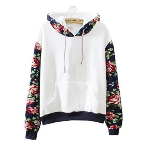 Cute Hoodies Sweater Pullover Warm Fleece Lined Flowers Sleeve White X-Large