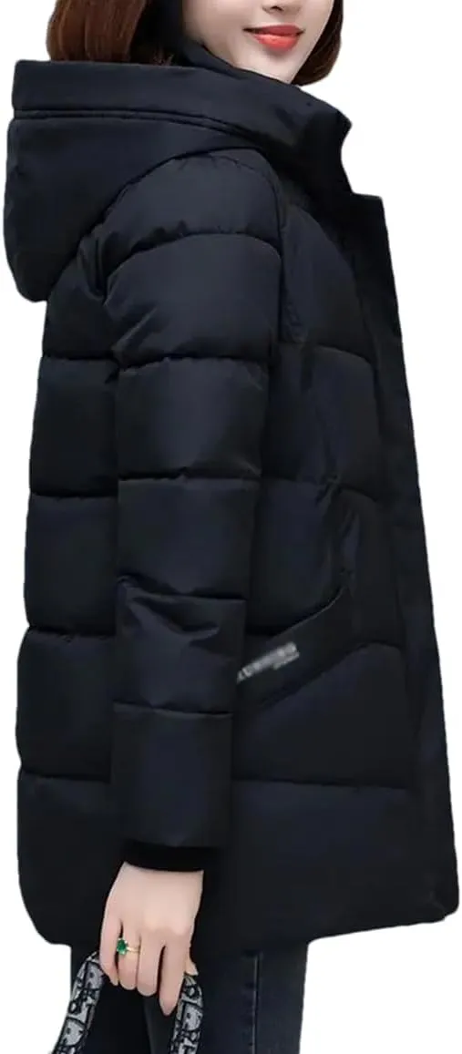 DBFBDTU Womens Mid-Length Coat Winter Jacket Female Hooded Cotton-Padded Parkas Coat Zipper Outwear