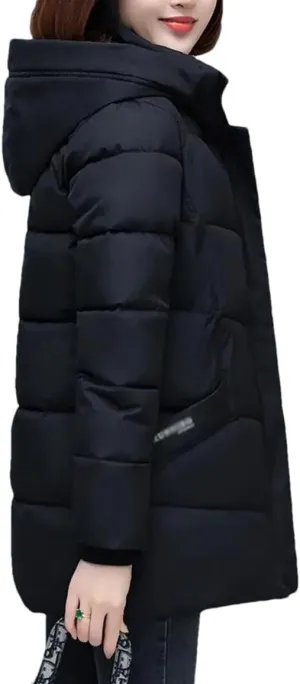 DBFBDTU Womens Mid-Length Coat Winter Jacket Female Hooded Cotton-Padded Parkas Coat Zipper Outwear