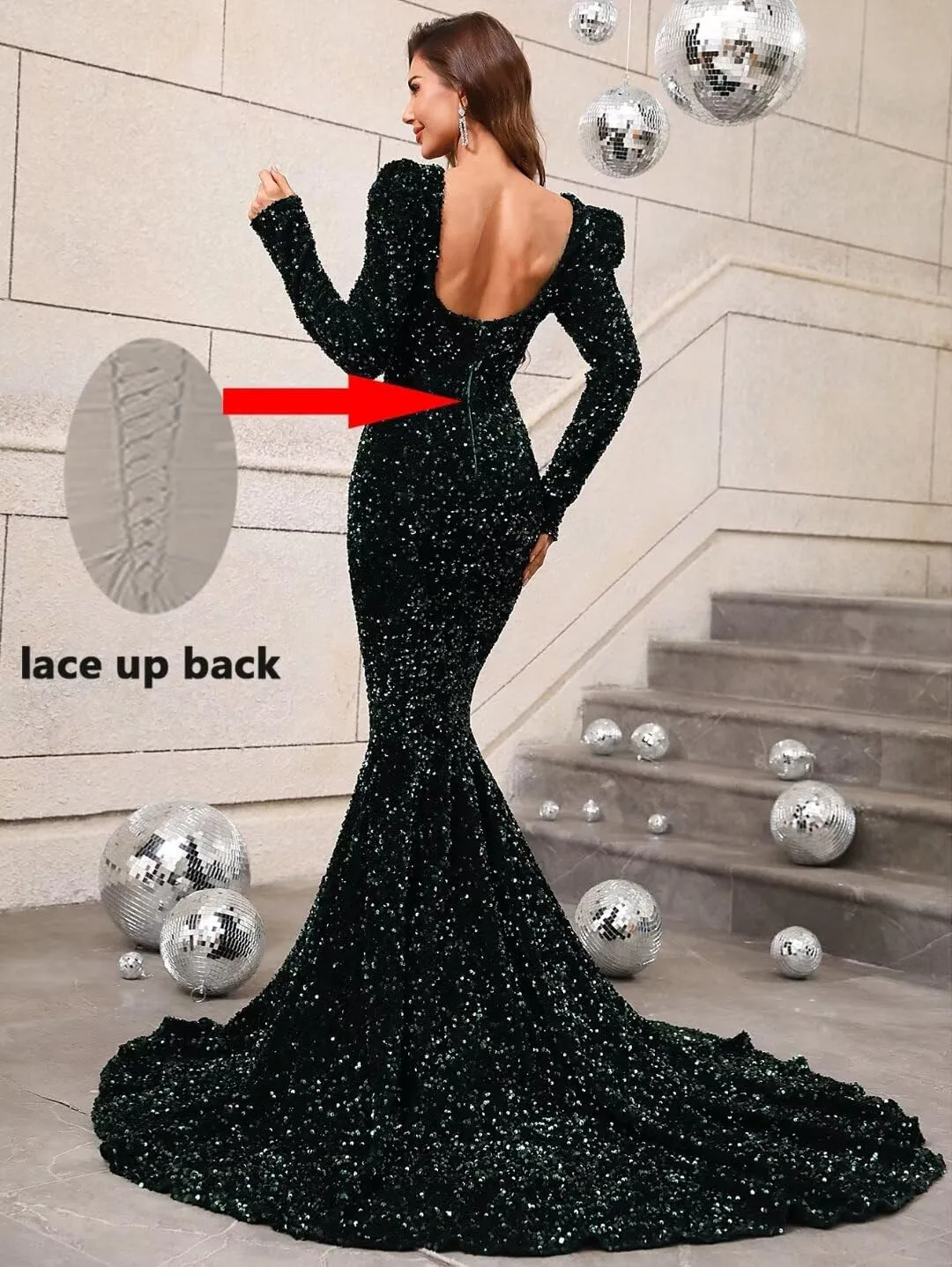 Dexinyuan Long Sleeve Sequin Mermaid Prom Dresses for Women 2025 Sparkly Square Neck Elegant Formal Evening Gowns