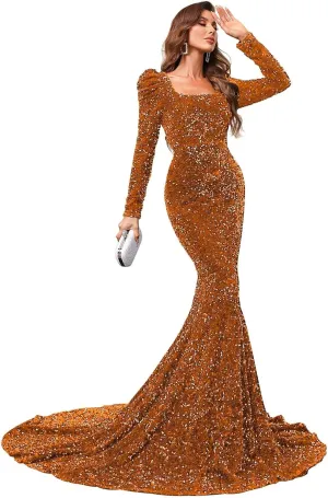 Dexinyuan Long Sleeve Sequin Mermaid Prom Dresses for Women 2025 Sparkly Square Neck Elegant Formal Evening Gowns