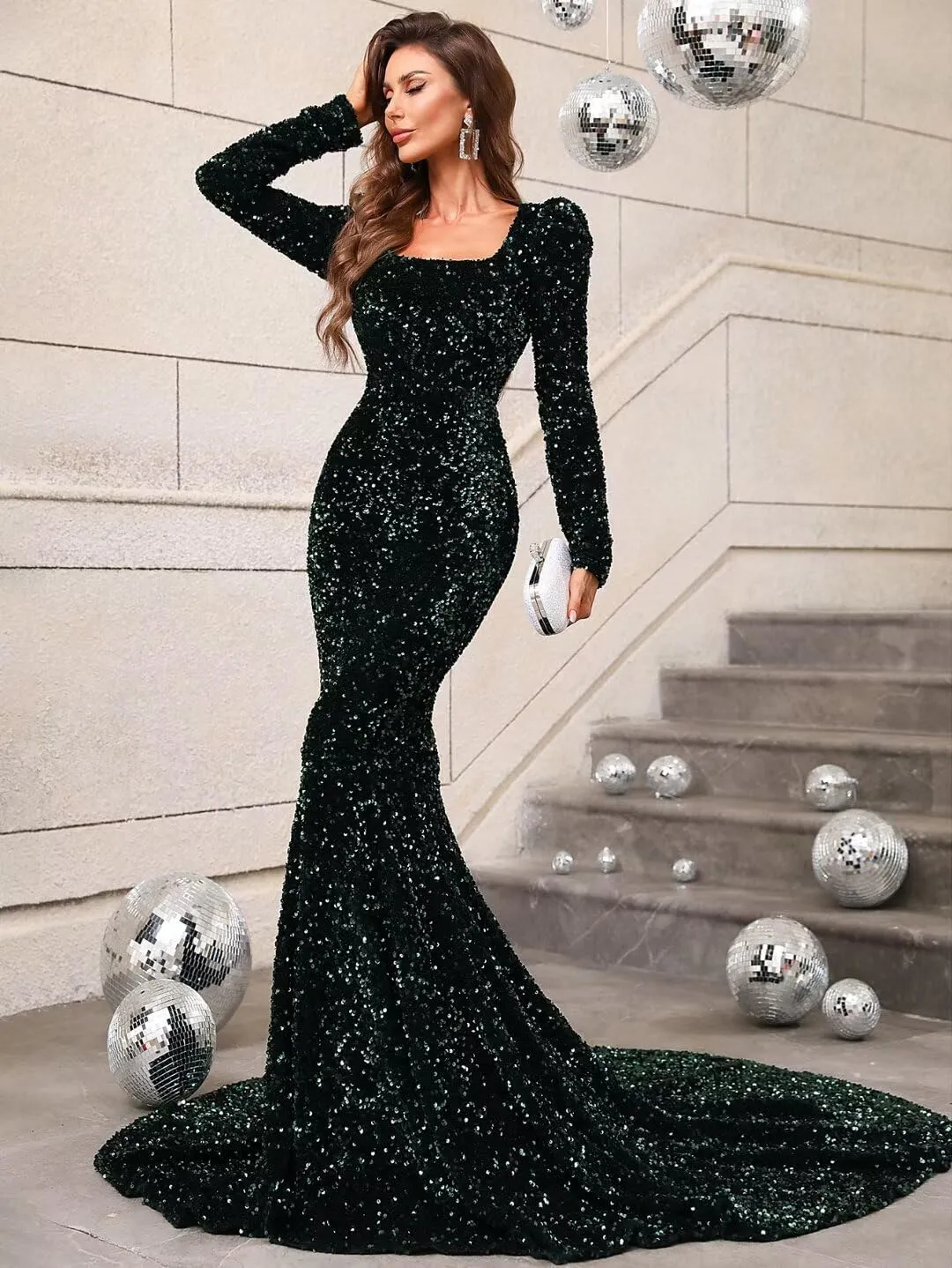 Dexinyuan Long Sleeve Sequin Mermaid Prom Dresses for Women 2025 Sparkly Square Neck Elegant Formal Evening Gowns