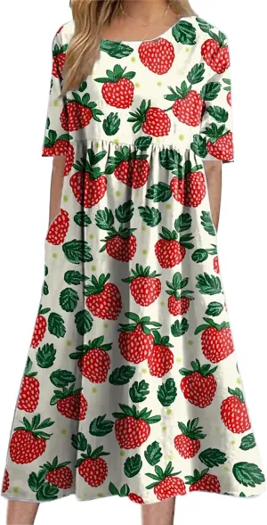 Dress for Women Casual Summer Midi Boho Floral Printed Dresses Short Sleeve Trendy Elegant Maxi Dress