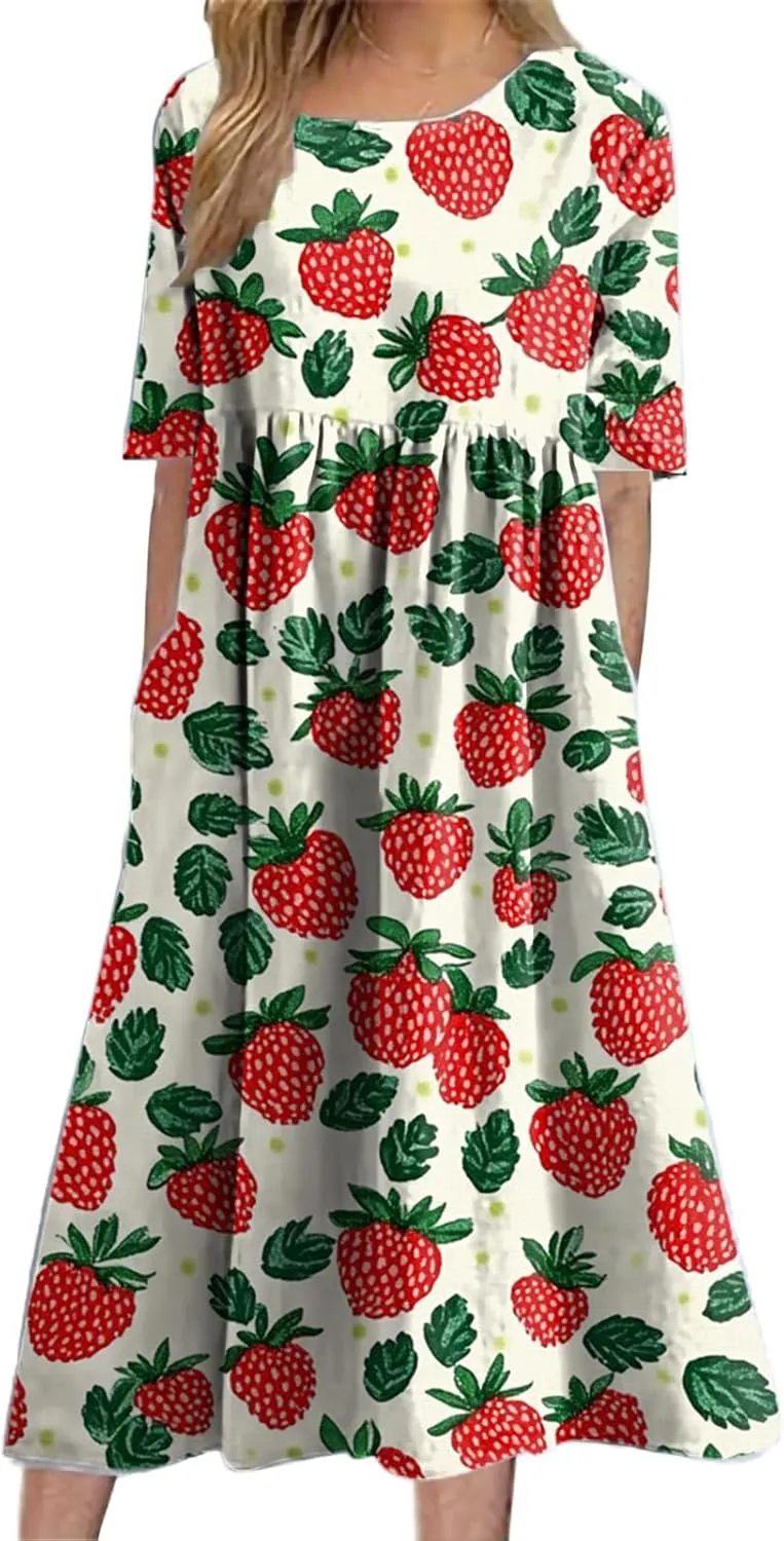 Dress for Women Casual Summer Midi Boho Floral Printed Dresses Short Sleeve Trendy Elegant Maxi Dress
