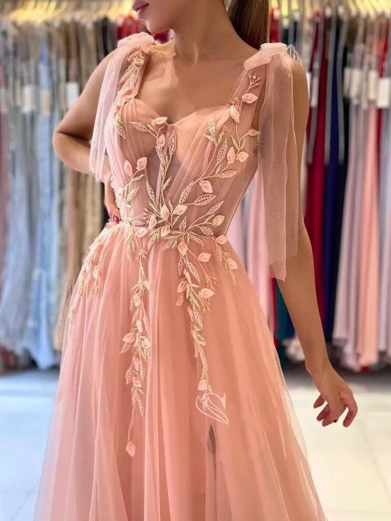 Dymaisei Appliques Tulle Prom Dresses Spaghetti Straps Formal Dresses with Slit Sweetheart Ball Gown