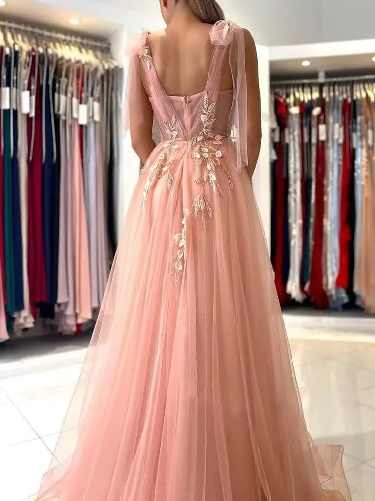 Dymaisei Appliques Tulle Prom Dresses Spaghetti Straps Formal Dresses with Slit Sweetheart Ball Gown