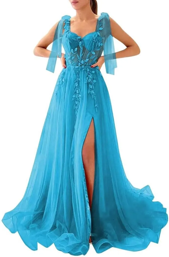 Dymaisei Appliques Tulle Prom Dresses Spaghetti Straps Formal Dresses with Slit Sweetheart Ball Gown
