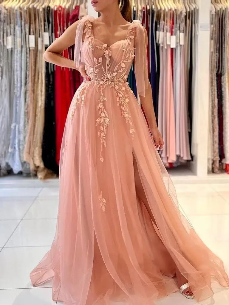 Dymaisei Appliques Tulle Prom Dresses Spaghetti Straps Formal Dresses with Slit Sweetheart Ball Gown