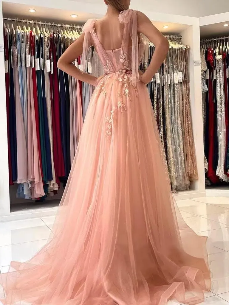 Dymaisei Appliques Tulle Prom Dresses Spaghetti Straps Formal Dresses with Slit Sweetheart Ball Gown