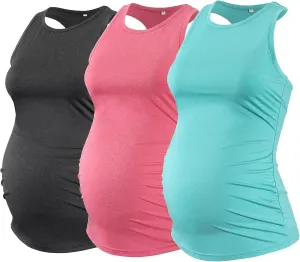 Ecavus Women's 3Pack Maternity Tank Tops Sleeveless Racerback Sport Top Pregnancy Athletic Yoga Shirts for Women
