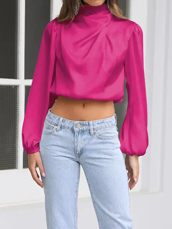 Elasticity Pleated Solid Color Long Sleeves Loose Mock Neck T-Shirts Tops