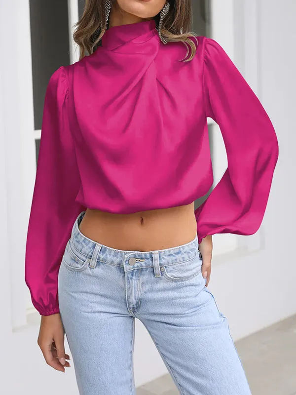 Elasticity Pleated Solid Color Long Sleeves Loose Mock Neck T-Shirts Tops
