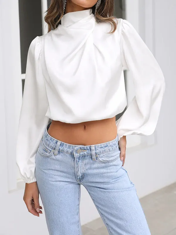 Elasticity Pleated Solid Color Long Sleeves Loose Mock Neck T-Shirts Tops
