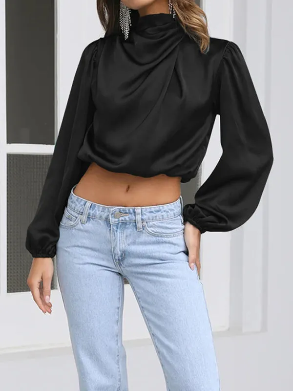 Elasticity Pleated Solid Color Long Sleeves Loose Mock Neck T-Shirts Tops