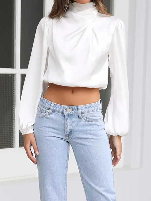Elasticity Pleated Solid Color Long Sleeves Loose Mock Neck T-Shirts Tops