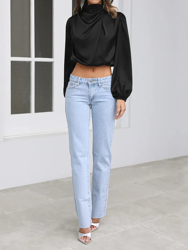 Elasticity Pleated Solid Color Long Sleeves Loose Mock Neck T-Shirts Tops