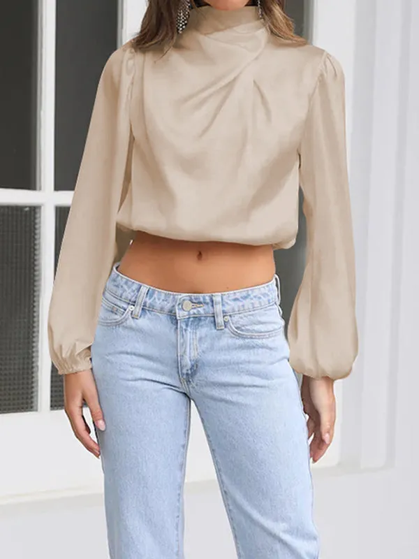 Elasticity Pleated Solid Color Long Sleeves Loose Mock Neck T-Shirts Tops