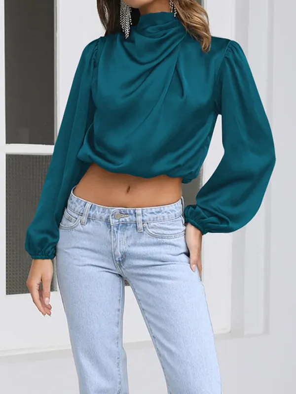 Elasticity Pleated Solid Color Long Sleeves Loose Mock Neck T-Shirts Tops