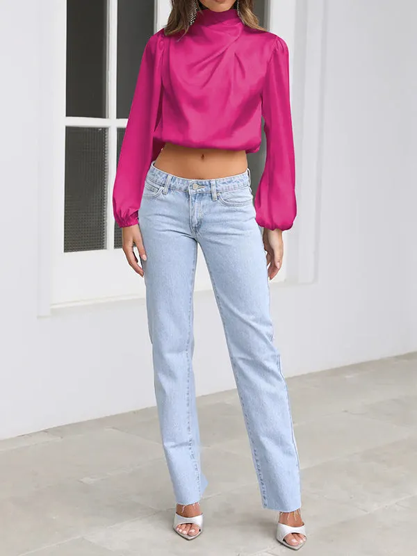 Elasticity Pleated Solid Color Long Sleeves Loose Mock Neck T-Shirts Tops
