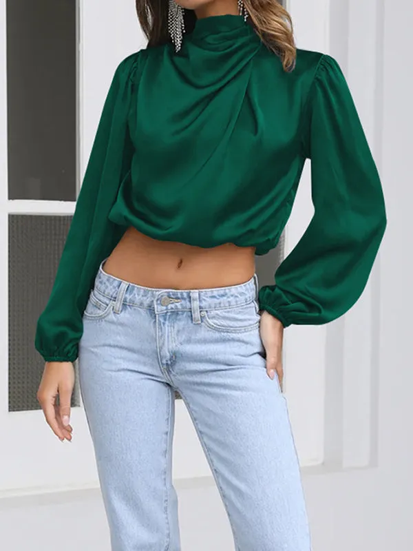 Elasticity Pleated Solid Color Long Sleeves Loose Mock Neck T-Shirts Tops