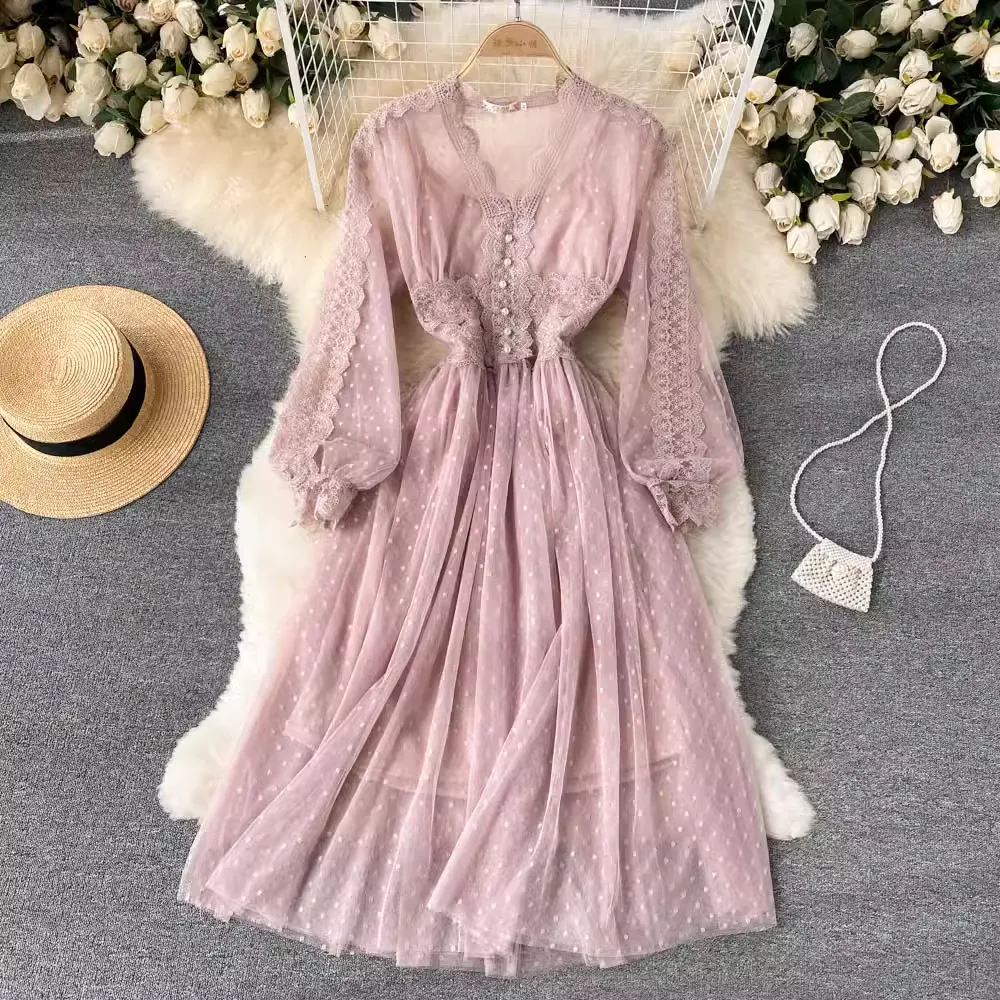Elegant Lace V Neck Dress Women  Mesh Long Sleeves Mid Length Skirt 1206