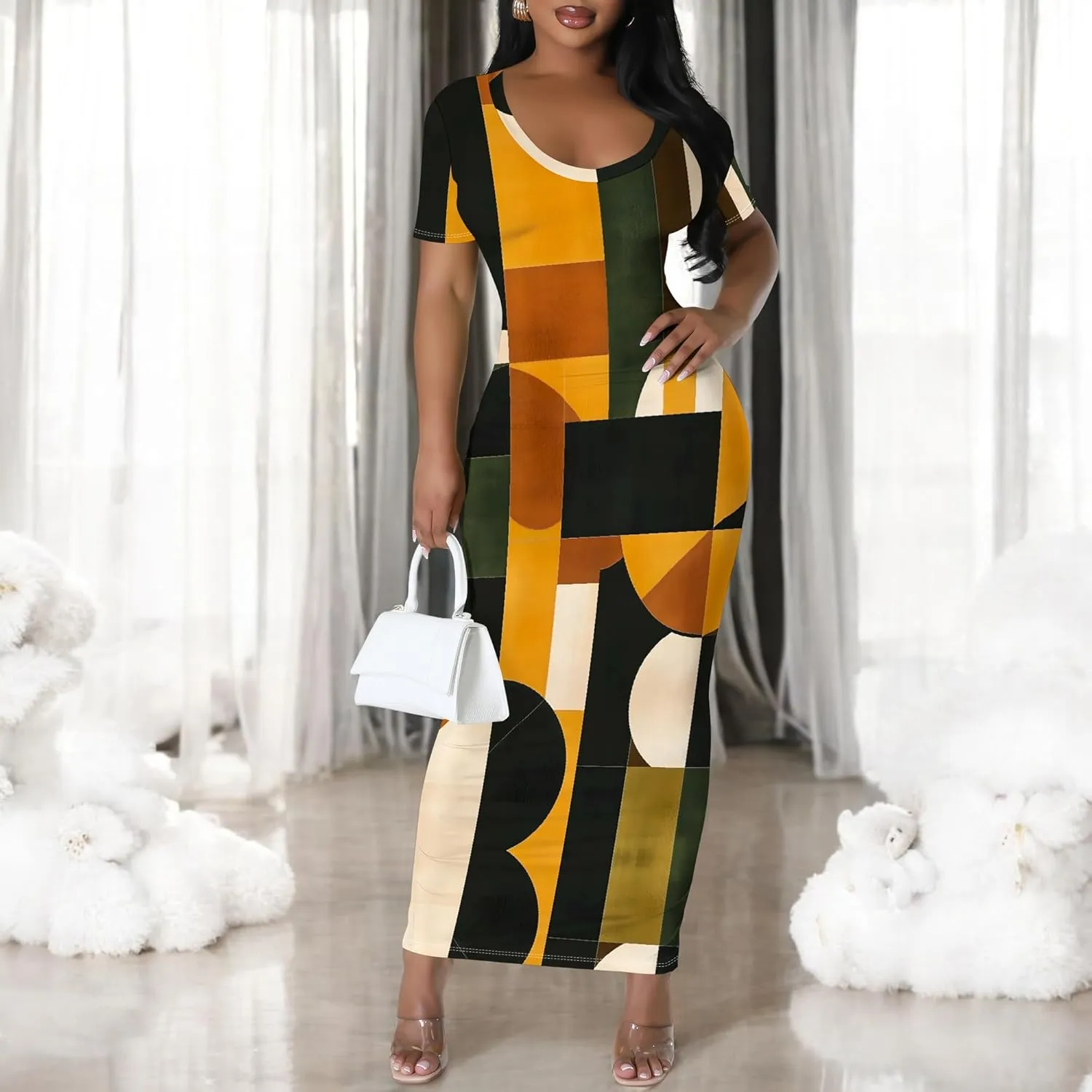 Elegant Women Summer Fashion Casual Dress Sexy Loose Short Sleeve Round Neck Sundress Club Midi Dresses