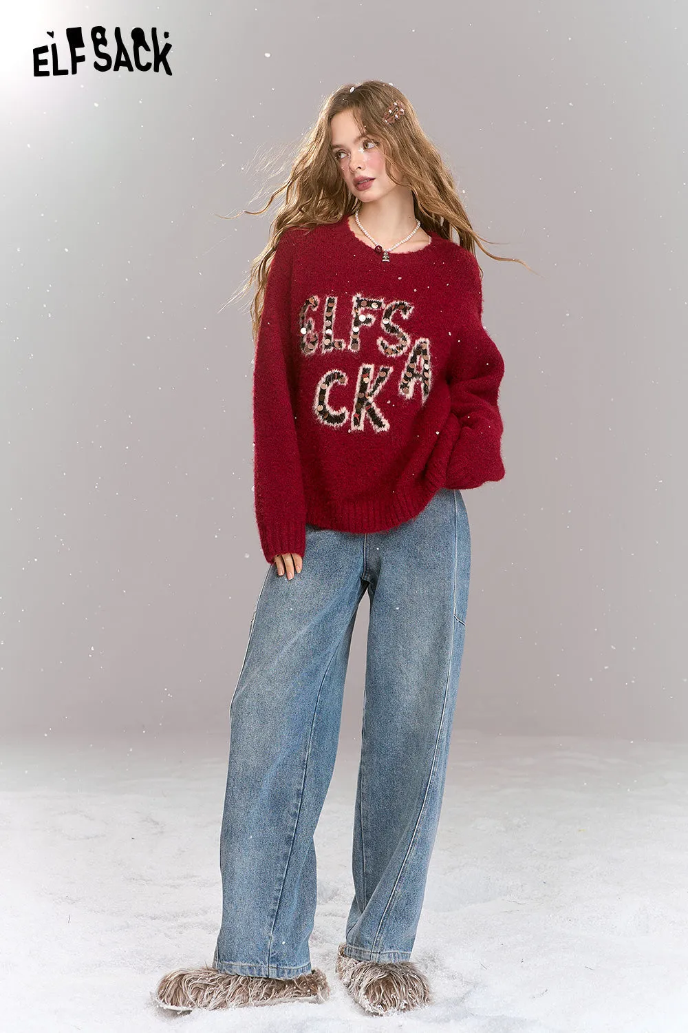 ELFSACK 2024 Winter New Arrivals Retro Loose Sequin Letters Soft Warm Sweater Women Round Neck Long Sleeves