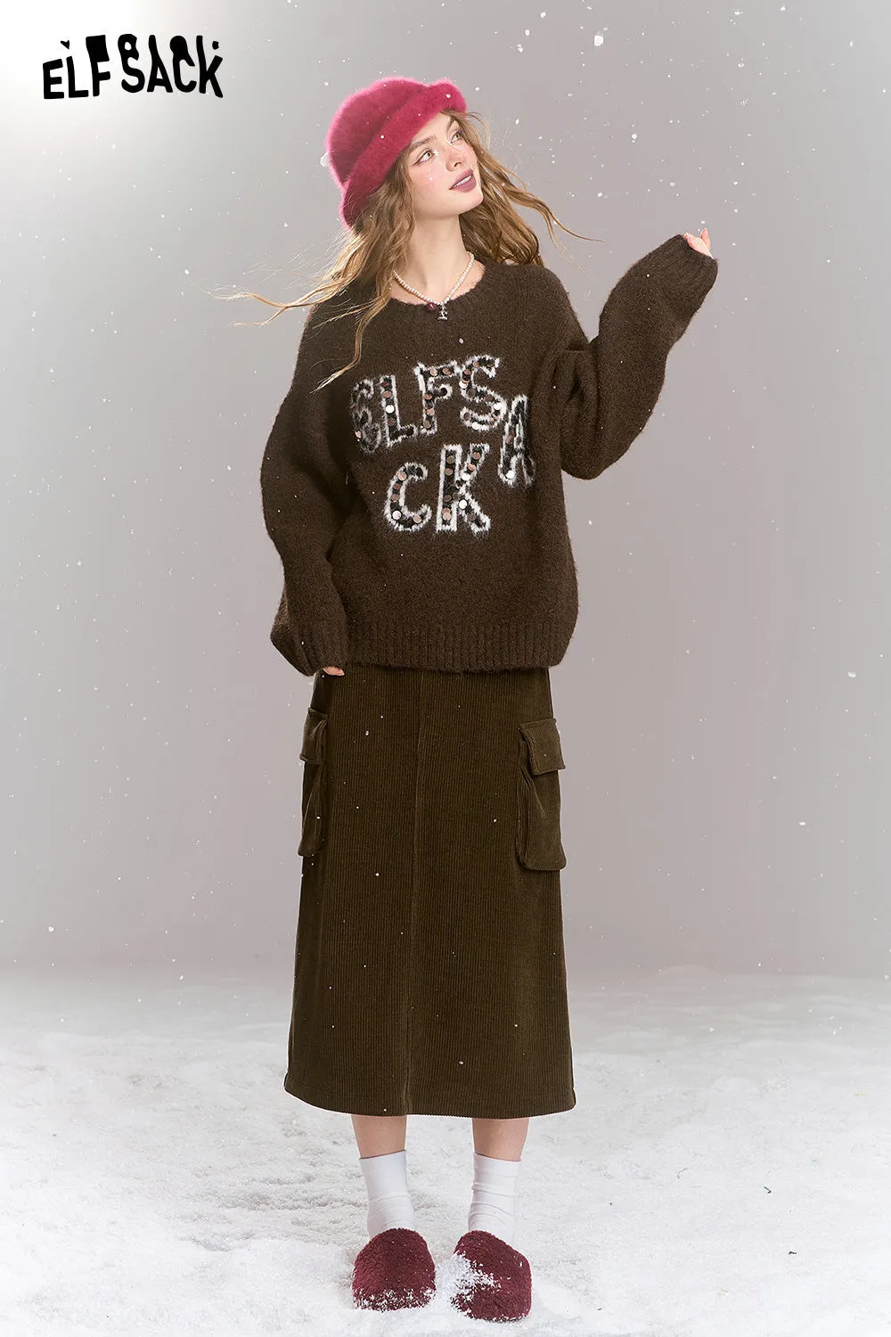 ELFSACK 2024 Winter New Arrivals Retro Loose Sequin Letters Soft Warm Sweater Women Round Neck Long Sleeves