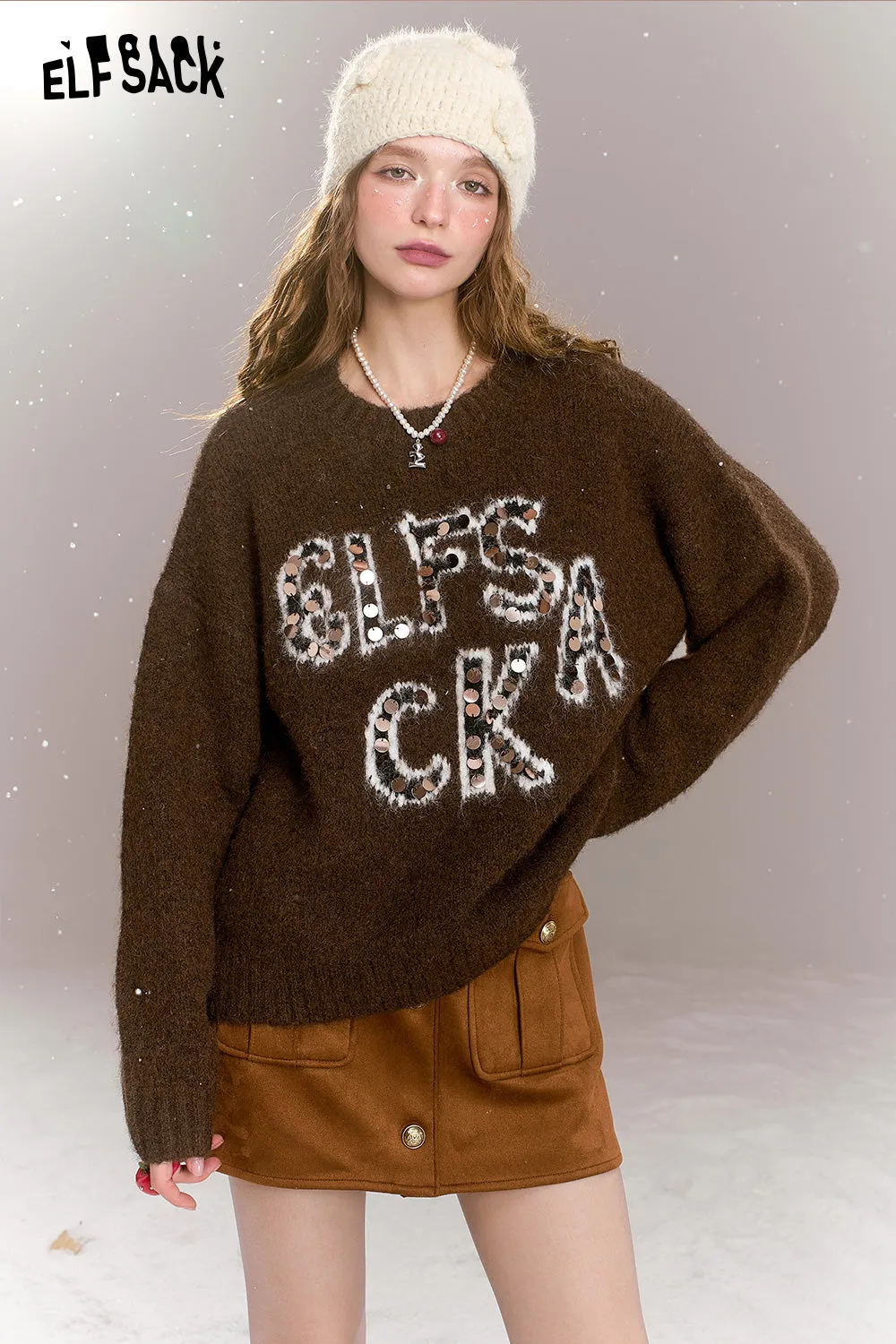 ELFSACK 2024 Winter New Arrivals Retro Loose Sequin Letters Soft Warm Sweater Women Round Neck Long Sleeves