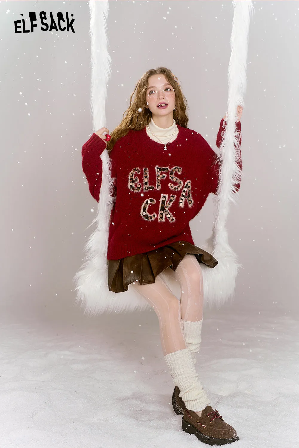 ELFSACK 2024 Winter New Arrivals Retro Loose Sequin Letters Soft Warm Sweater Women Round Neck Long Sleeves