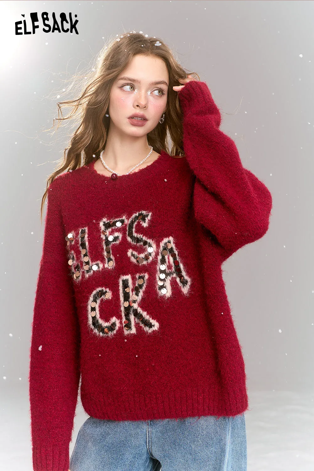 ELFSACK 2024 Winter New Arrivals Retro Loose Sequin Letters Soft Warm Sweater Women Round Neck Long Sleeves